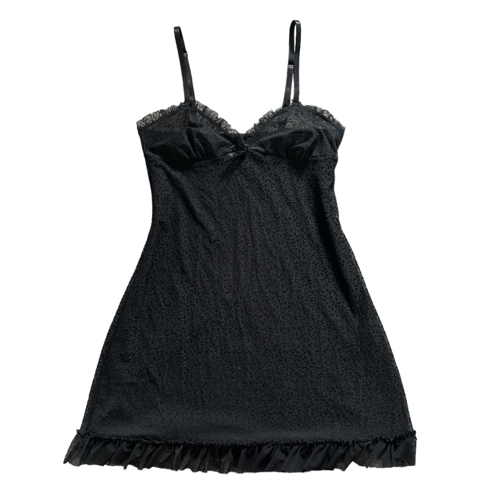 Y2K Black Leopard Print Sheer Mesh Lace Ruffle Trim Slip Mini Dress - Picture 3 of 6